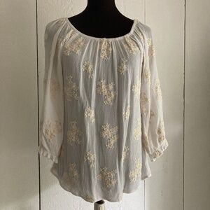 Soft Surrounding White Sheer Blouse w/ Ivory Embroidered Flowers Size XS